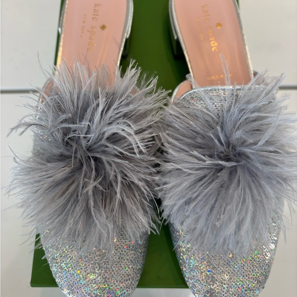 Kate Spade Silver Glitter Mules with Feather Detail - Picture 1 of 5